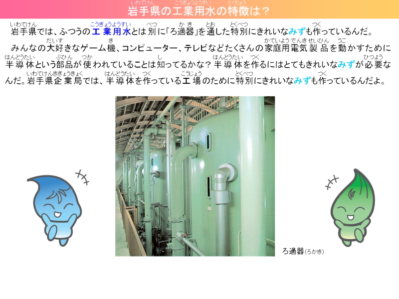 岩手県の工業用水の特徴は？岩手県では、ふつうの工業用水とは別にろかきを通した特別にきれいなみずも作っているんだ。みんなの大好きなゲーム機、コンピューター、テレビなどたくさんの家庭用電気製品を動かすためにはんどうたいという部品が使われていることは知っているかな。はんどうたいを作るにはとてもきれいなみずが必要なんだ。岩手県企業局では、はんどうたいを作っている工場のために特別にきれいなみずも作っているんだよ。