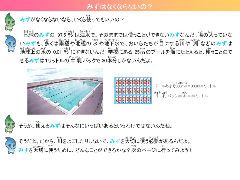 みずはなくならないの？みずがなくならないなら、いくら使ってもいいの。地球のみずの97.5パーセントは海水で、そのままでは使うことができないみずなんだ。塩の入っていないみずも、多くは南極や北極の氷や地下水で、ぼくたちが目にする川やみずうみなどのみずは地球上の水の0.01パーセントにすぎないんだ。学校にある25メートルのプールを海にたとえると、使うことのできるみずは1リットルの牛乳パックで30本分しかないんだよ。使えるみずはそんなにいっぱいあるわけではないんだね。だから、川をよごしたりしないで、みずをたいせつにつかう必要があるんだ。みずを大切につかうために、どんなことができるのかな。次のページに行ってみよう。