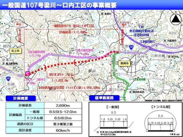 一般国道107号梁川~口内工区の事業概要図