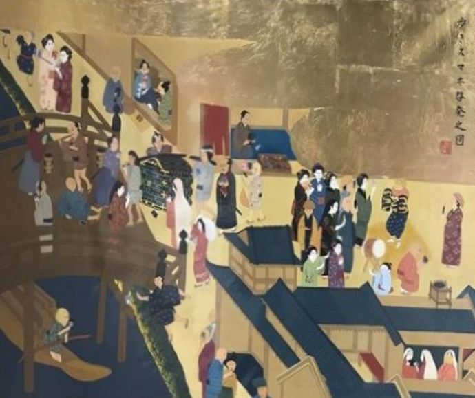 写真:展示中の作品 絵画 歩きスマホ啓発之図