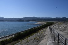 高田松原津波復興祈念公園管理事務所付近の防潮堤から見る高田松原海水浴場の景観