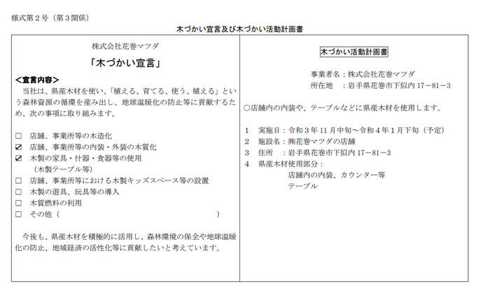 写真：木づかい宣言及び木づかい活動計画書