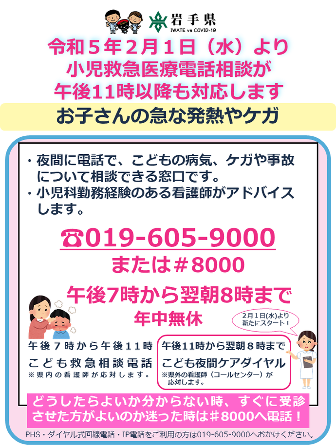 電話番号：019-605-9000 または 局番なしの#8000