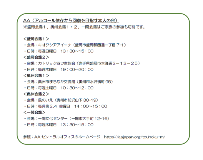 岩手県内の依存症自助グループ等情報2