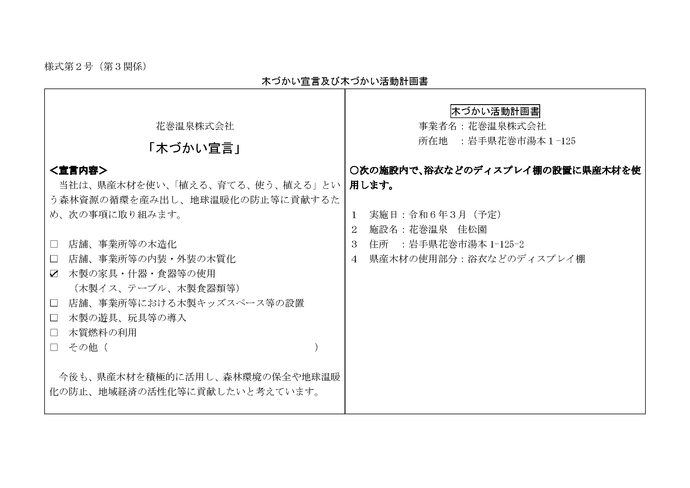 写真：木づかい宣言及び木づかい活動計画書