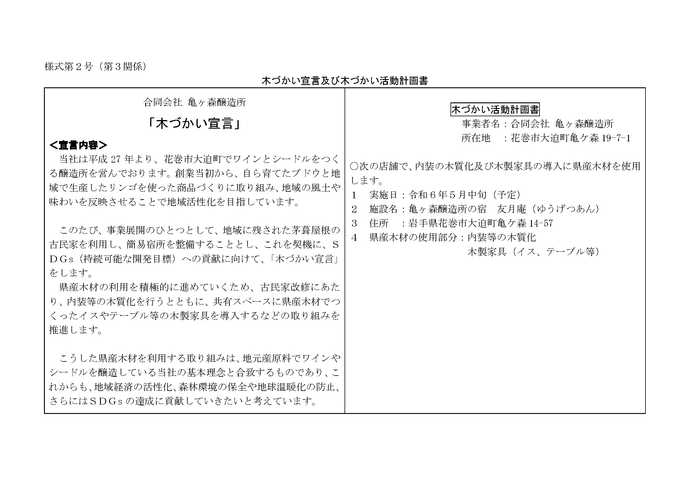 写真:木づかい宣言及び木づかい活動計画書