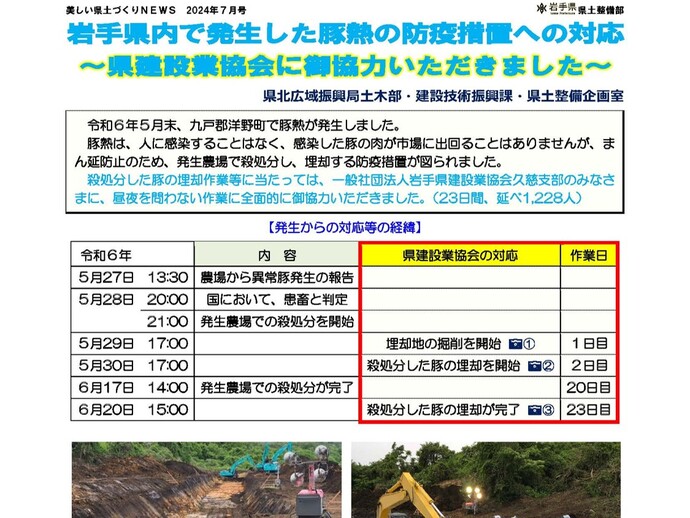 【令和6年9月5日掲載】岩手県内で発生した豚熱の防疫措置への対応～県建設業協会に御協力いただきました～