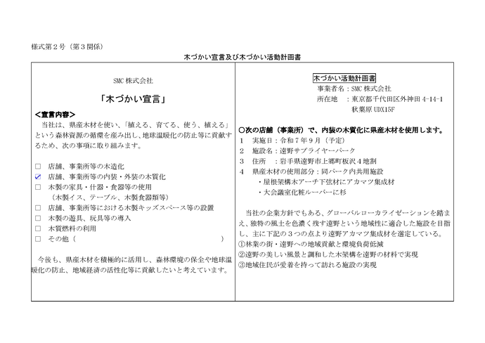 写真:木づかい宣言及び木づかい活動計画書