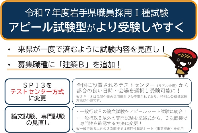 【令和7年2月4日掲載】アピール試験型がより受験しやすく！募集職種に「建築B」追加！～令和7年度岩手県職員採用1種試験