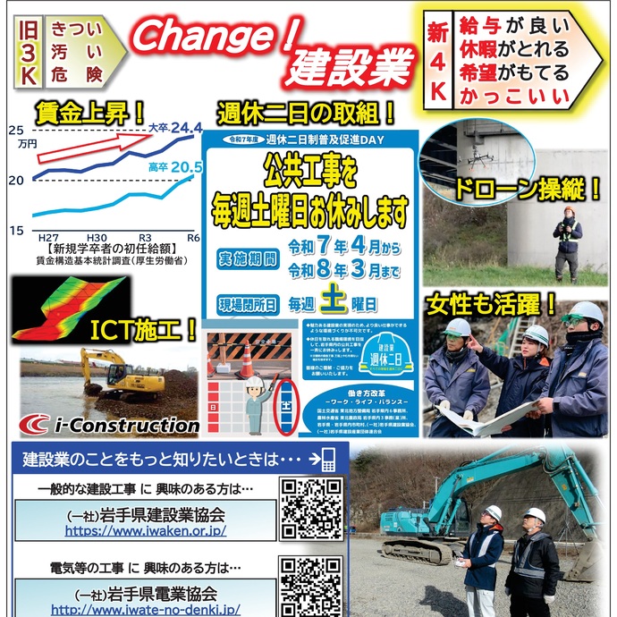 【令和7年4月1日掲載】Change！建設業　新4K：給与が良い、休暇がとれる、希望がもてる、かっこいい