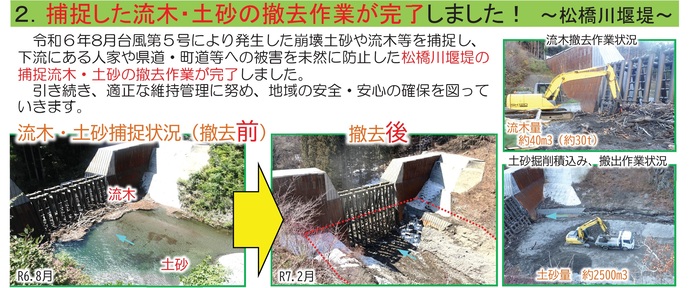 【令和7年4月7日掲載】岩泉町の松橋川堰堤で捕捉した流木・土砂の撤去作業が完了しました！