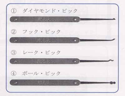 写真:(1)ダイヤモンド・ピック(2)フック・ピック(3)レーク・ピック(4)ボール・ピック